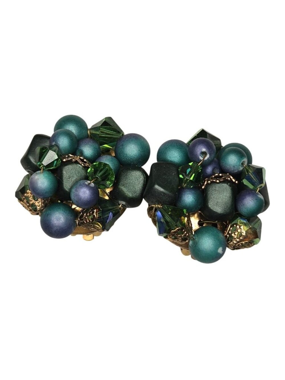 Vintage Blue & Green Iredescent Beaded Cluster Clip On Earrings